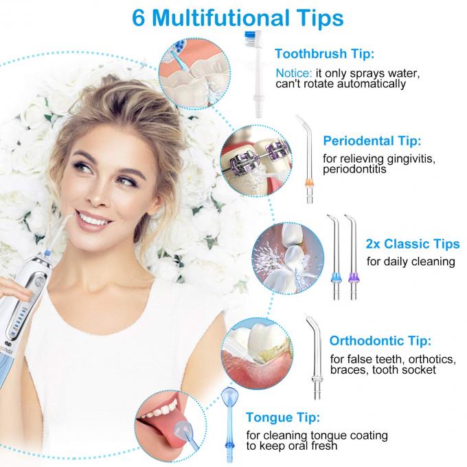 Líquido de limpeza sem corda dos dentes de Flosser da água, Irrigator oral dental portátil 5 modos, 6 pontas da substituição, IPX7 impermeável